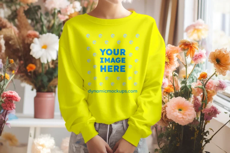 Woman Wearing Yellow Sweatshirt Mockup Front View Template