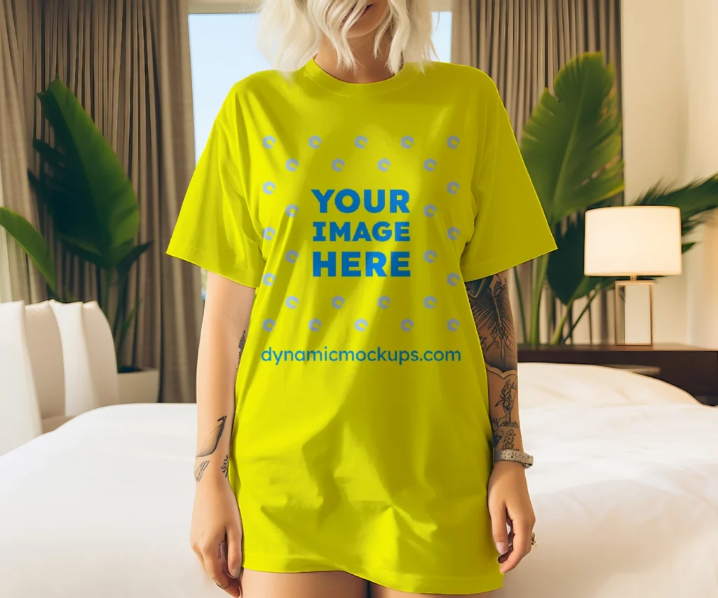 Woman Wearing Yellow T-shirt Mockup Front View Template