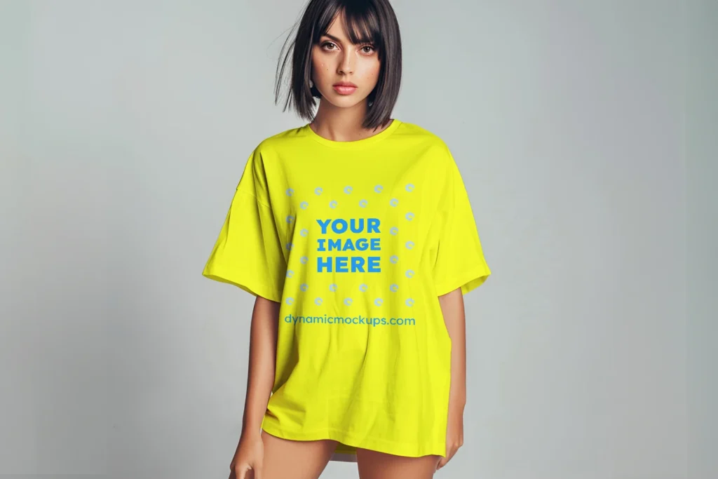 Woman Wearing Yellow T-shirt Mockup Front View Template