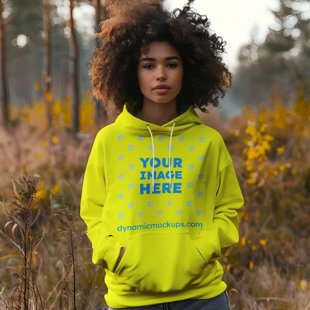 Woman Wearing Yellow Hoodie Mockup Front View Template