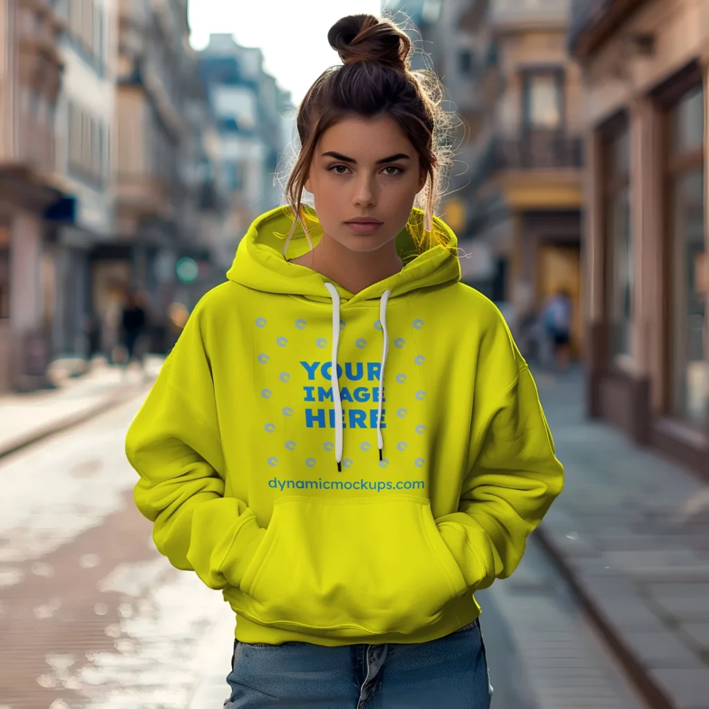 Woman Wearing Yellow Hoodie Mockup Front View Template