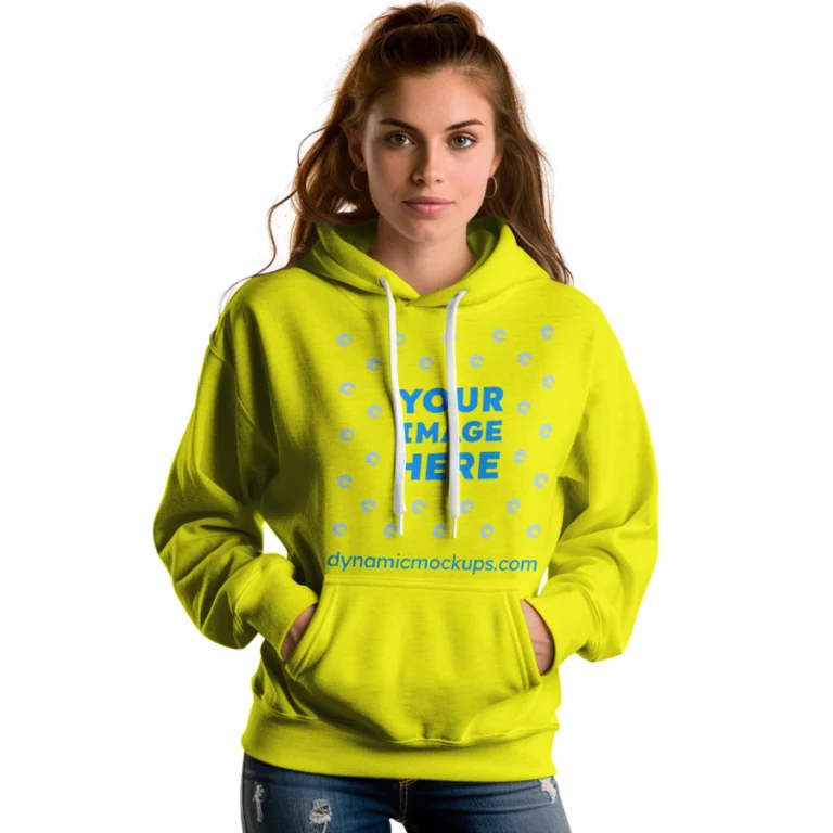 Woman Wearing Yellow Hoodie Mockup Front View Template