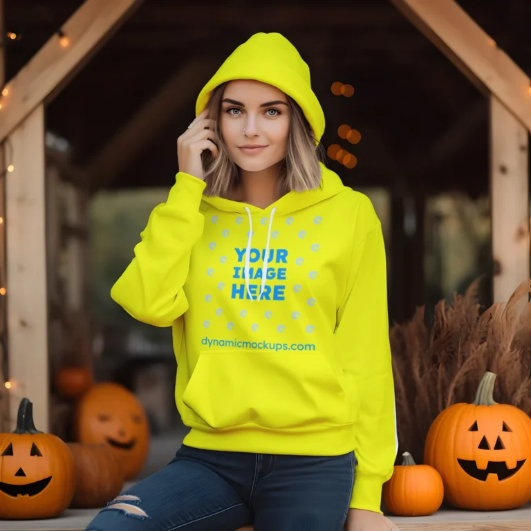 Woman Wearing Yellow Hoodie Mockup Front View Template