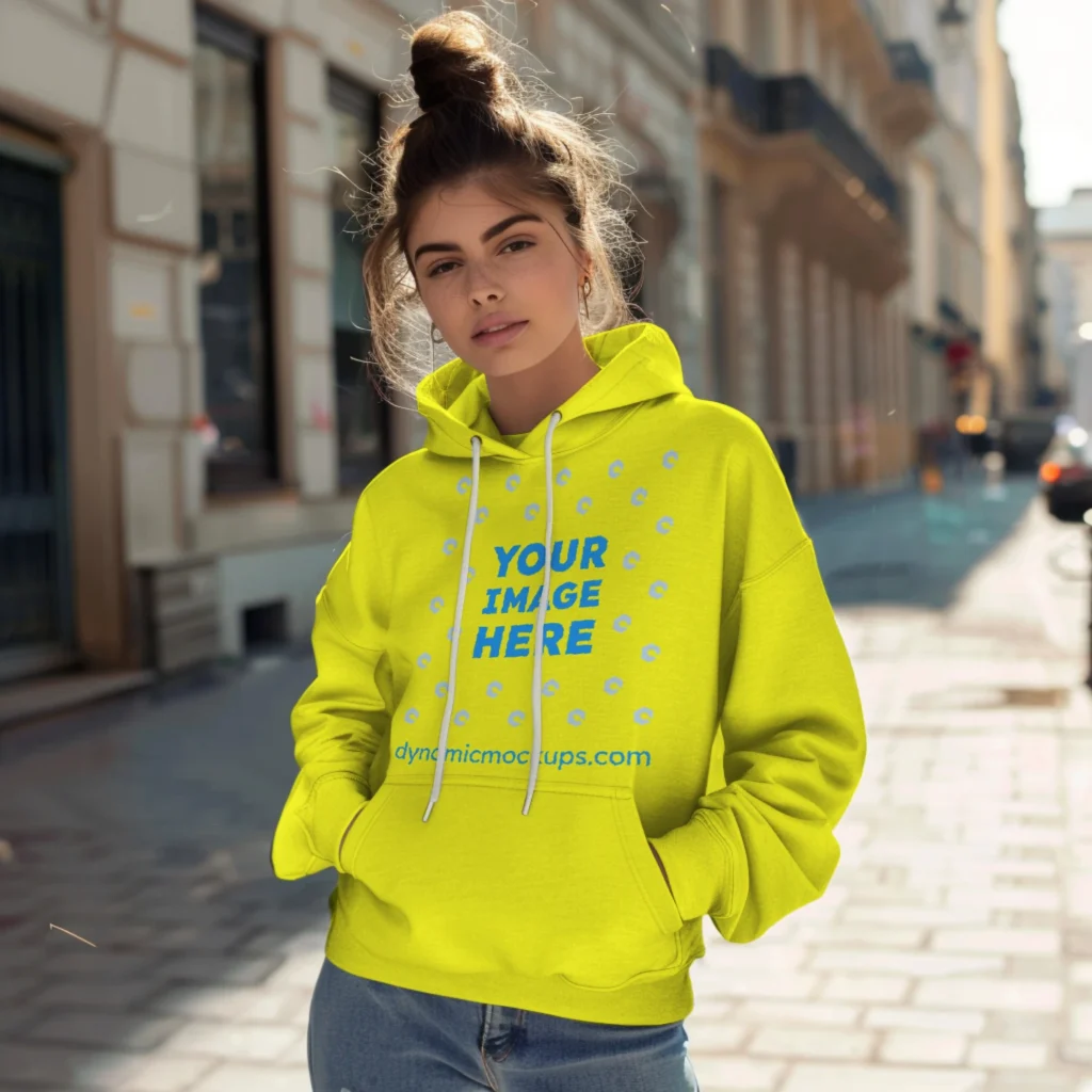 Woman Wearing Yellow Hoodie Mockup Front View Template