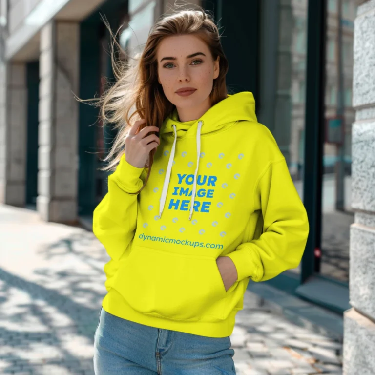 Woman Wearing Yellow Hoodie Mockup Front View Template