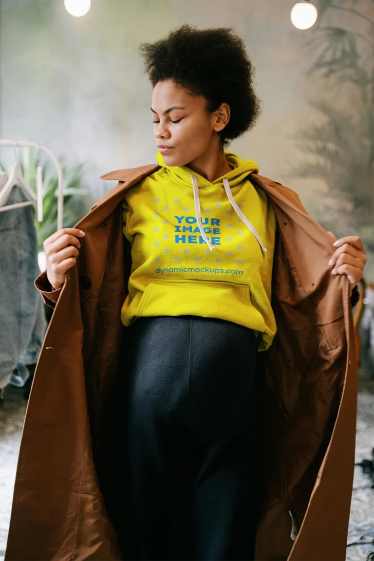 Woman Wearing Yellow Hoodie Mockup Front View Template