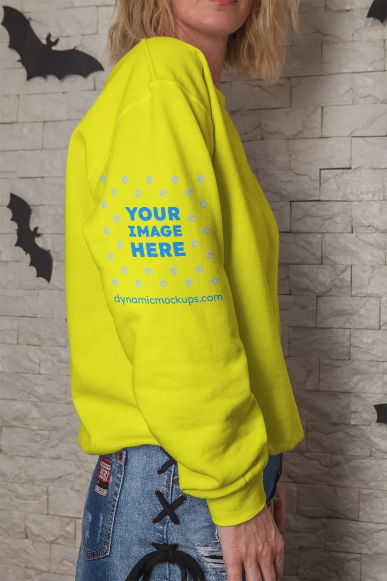 Woman Wearing Yellow Hoodie Mockup Side View Template