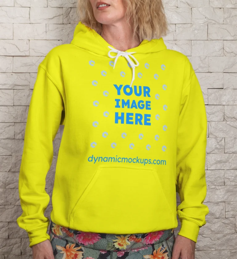 Woman Wearing Yellow Hoodie Mockup Front View Template