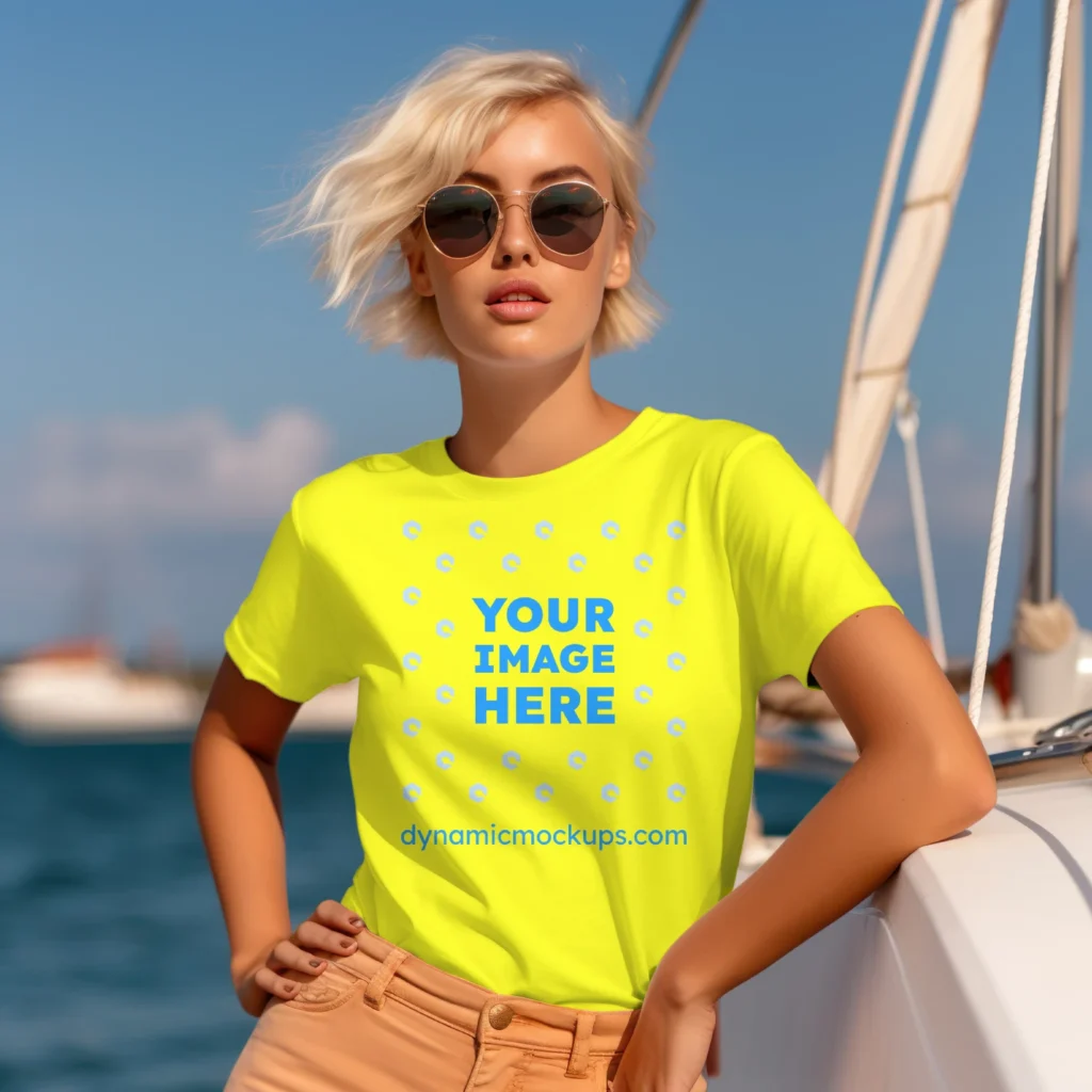 Woman Wearing Yellow T-shirt Mockup Front View Template