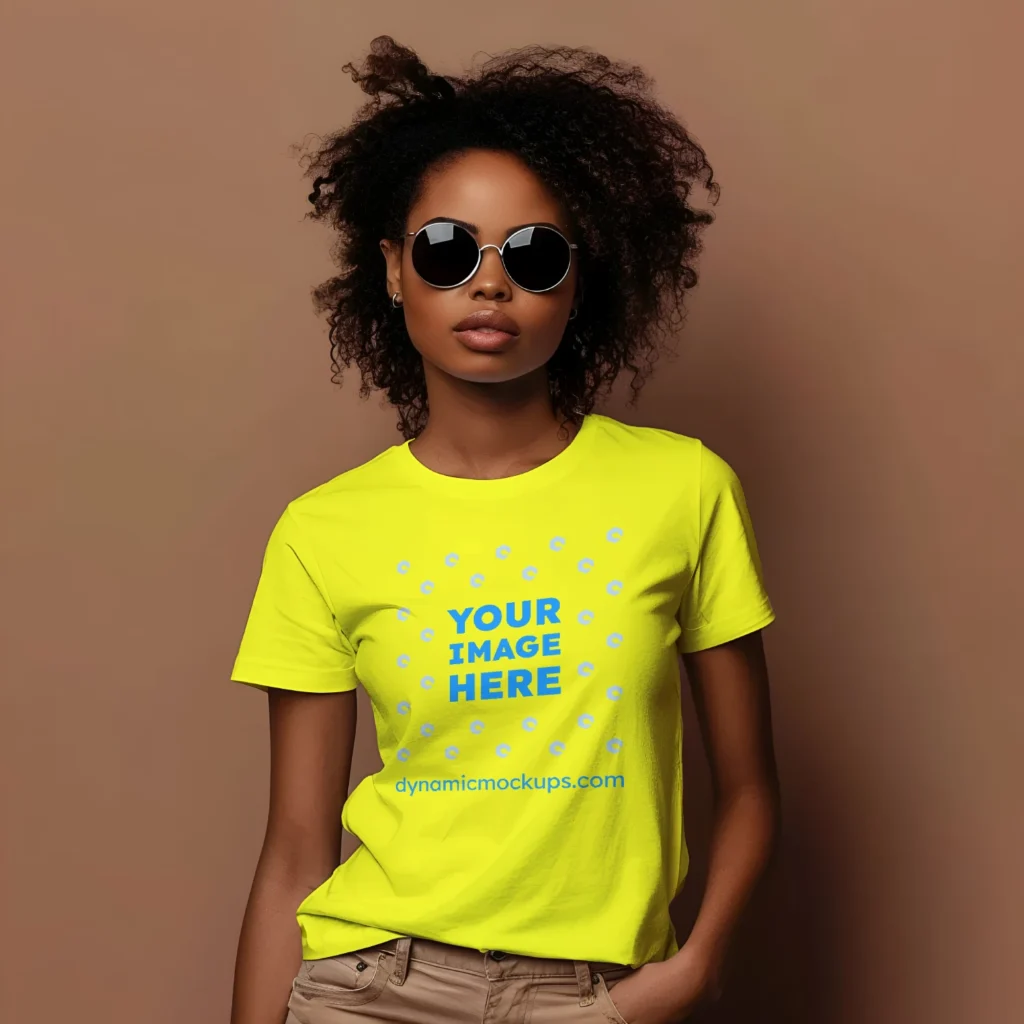 Woman Wearing Yellow T-shirt Mockup Front View Template