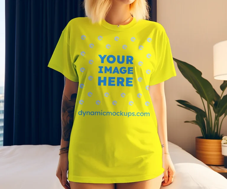 Woman Wearing Yellow T-shirt Mockup Front View Template