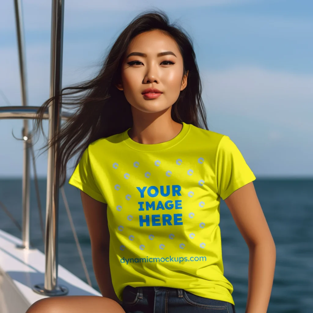 Woman Wearing Yellow T-shirt Mockup Front View Template