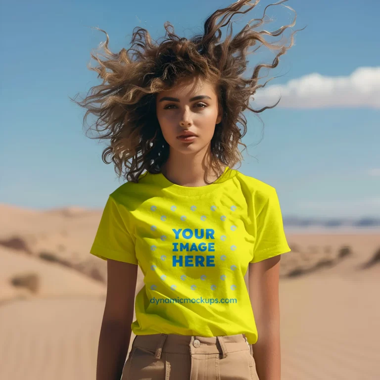 Woman Wearing Yellow T-shirt Mockup Front View Template