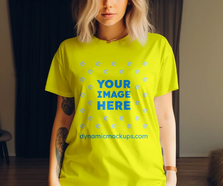 Woman Wearing Yellow T-shirt Mockup Front View Template