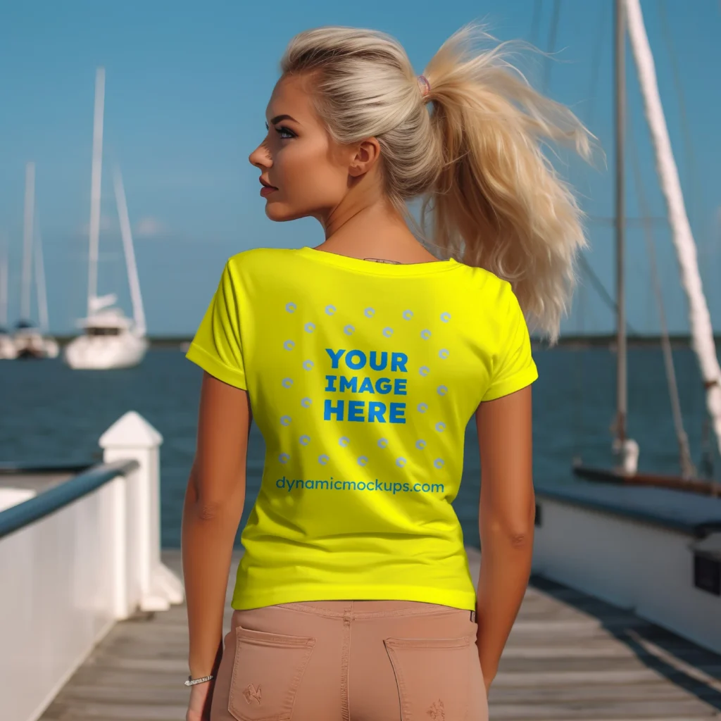 Woman Wearing Yellow T-shirt Mockup Back View Template