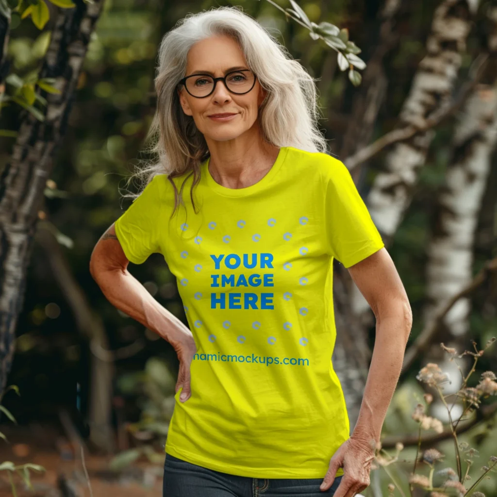 Woman Wearing Yellow T-shirt Mockup Front View Template