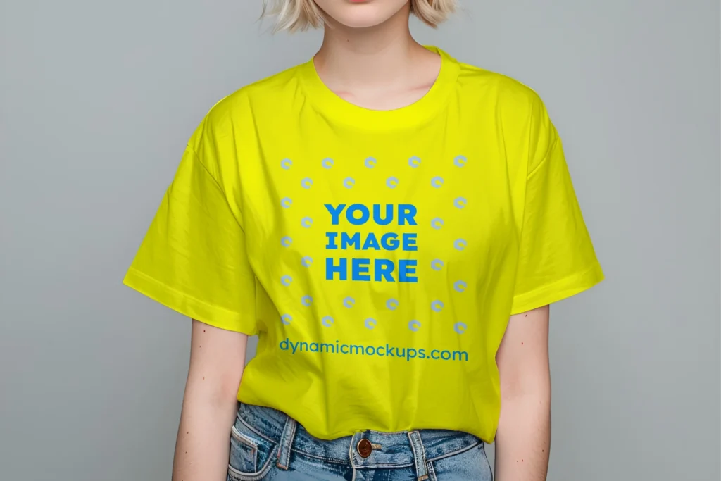 Woman Wearing Yellow T-shirt Mockup Front View Template