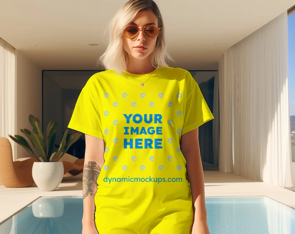 Woman Wearing Yellow T-shirt Mockup Front View Template