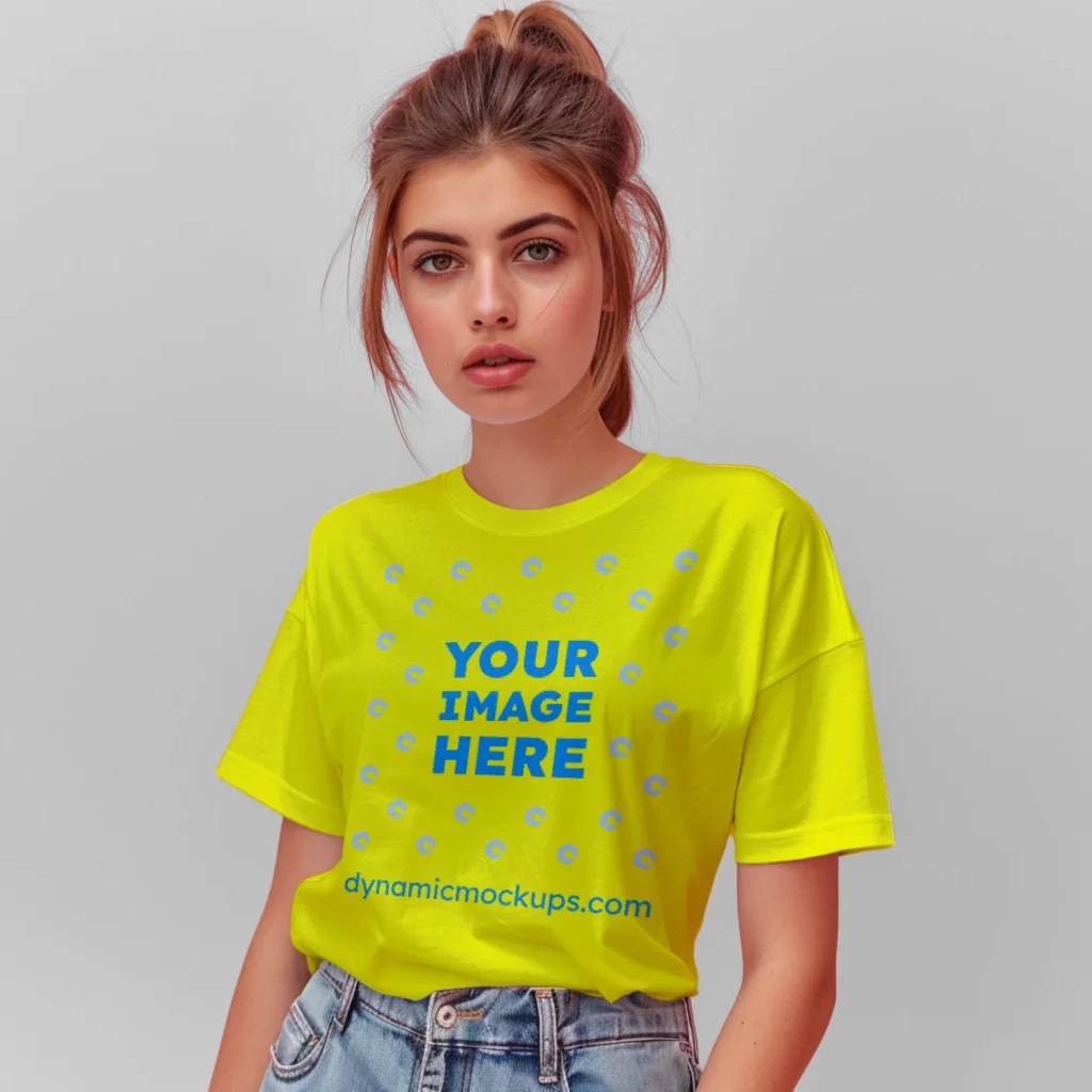 Woman Wearing Yellow T-shirt Mockup Front View Template