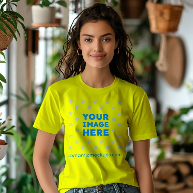 Woman Wearing Yellow T-shirt Mockup Front View Template