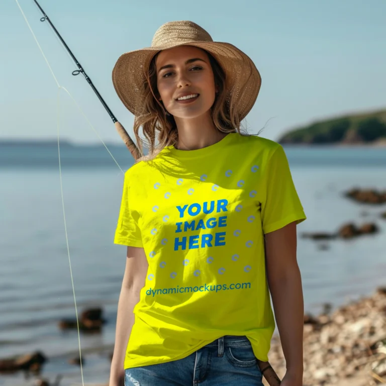 Woman Wearing Yellow T-shirt Mockup Front View Template