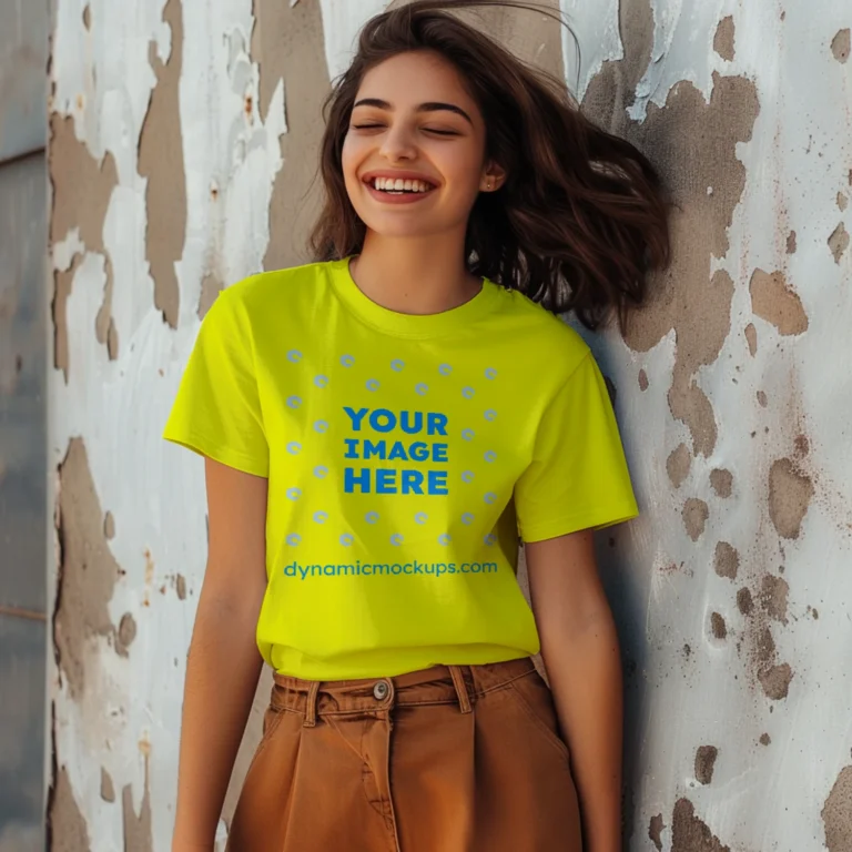 Woman Wearing Yellow T-shirt Mockup Front View Template