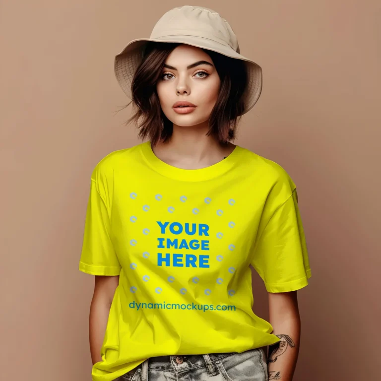 Woman Wearing Yellow T-shirt Mockup Front View Template