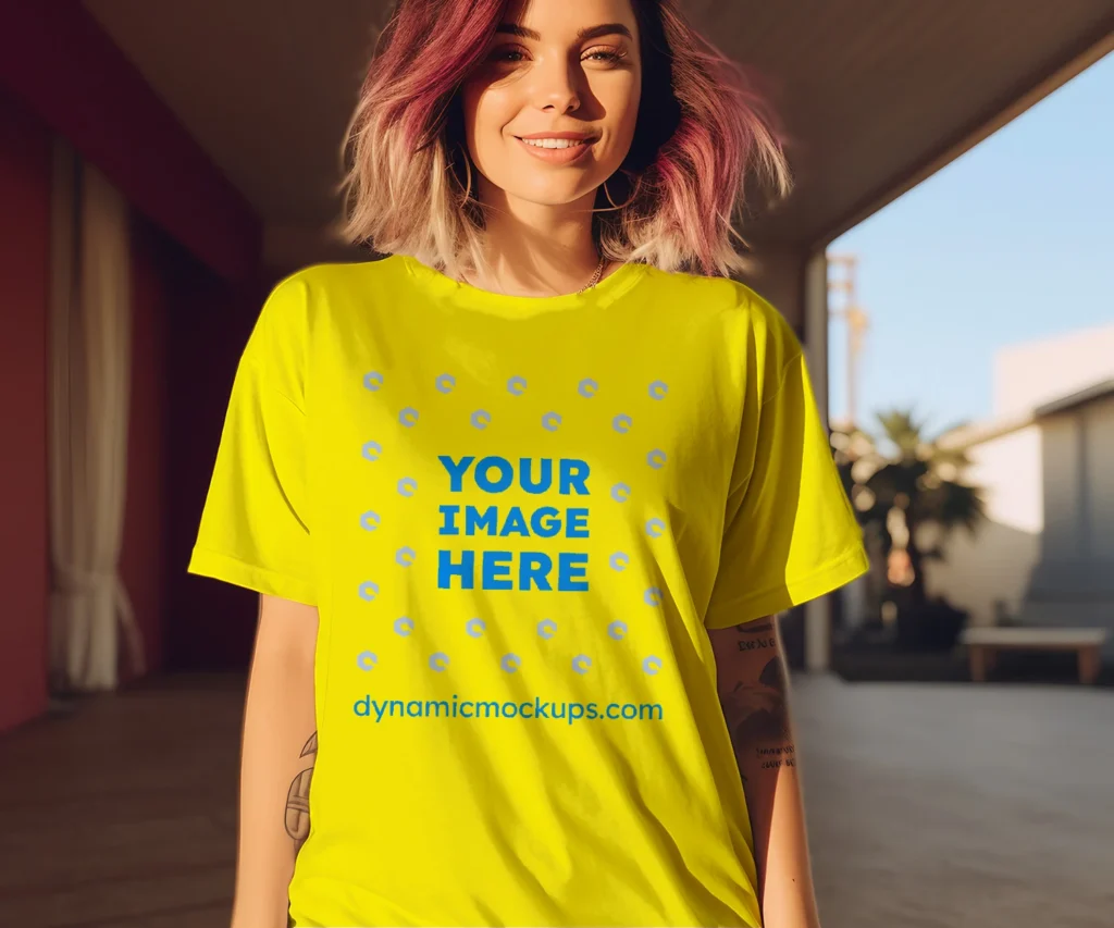 Woman Wearing Yellow T-shirt Mockup Front View Template