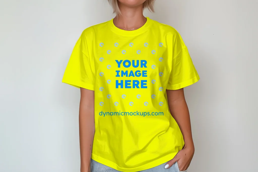 Woman Wearing Yellow T-shirt Mockup Front View Template