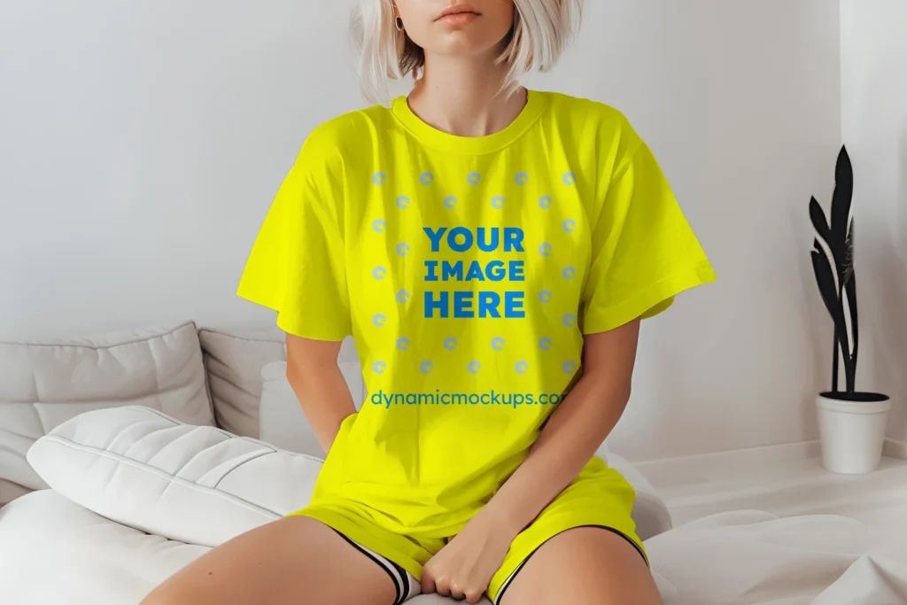 Woman Wearing Yellow T-shirt Mockup Front View Template