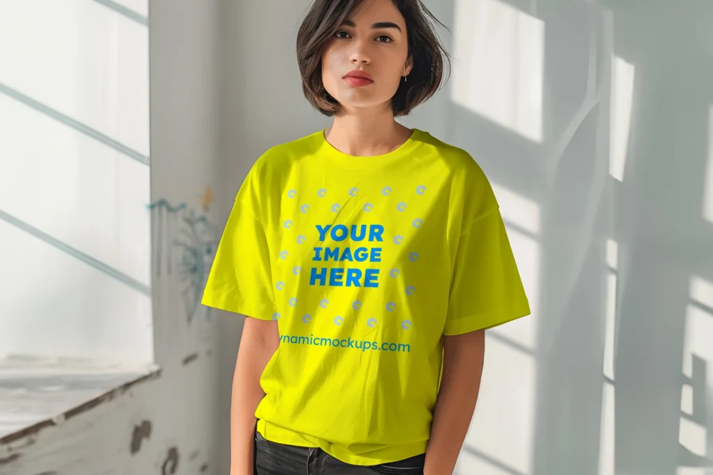 Woman Wearing Yellow T-shirt Mockup Front View Template