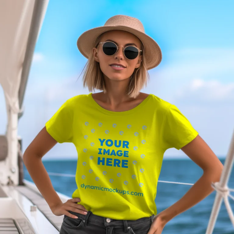 Woman Wearing Yellow T-shirt Mockup Front View Template