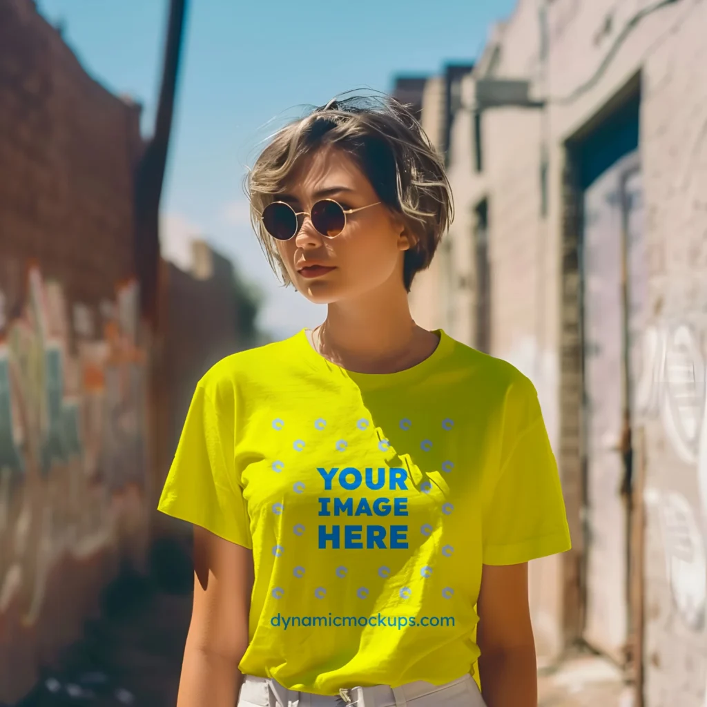 Woman Wearing Yellow T-shirt Mockup Front View Template