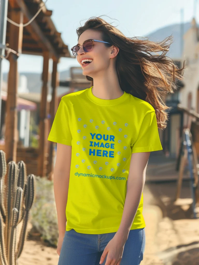 Woman Wearing Yellow T-shirt Mockup Front View Template