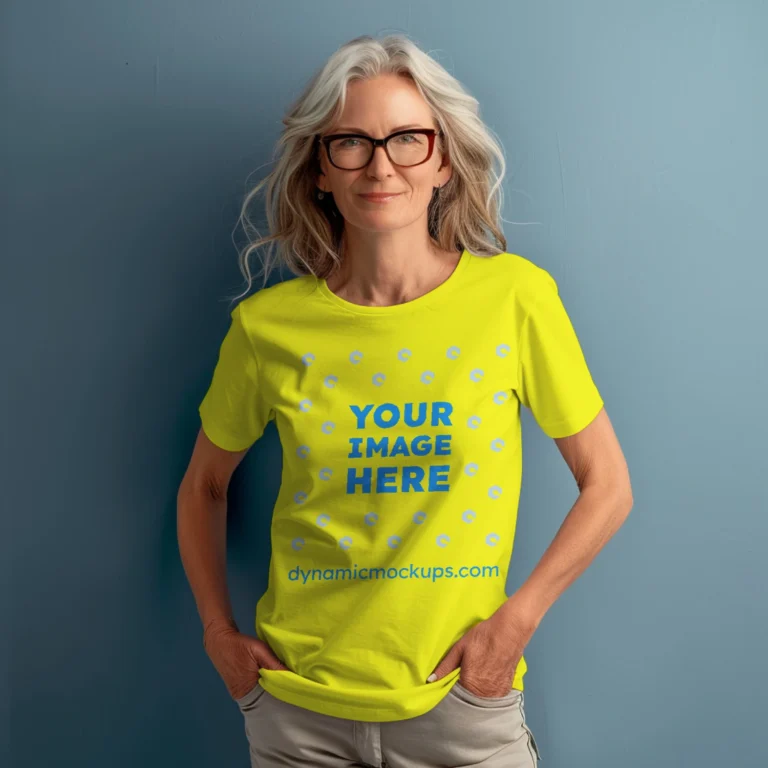 Woman Wearing Yellow T-shirt Mockup Front View Template