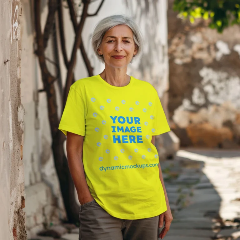 Woman Wearing Yellow T-shirt Mockup Front View Template