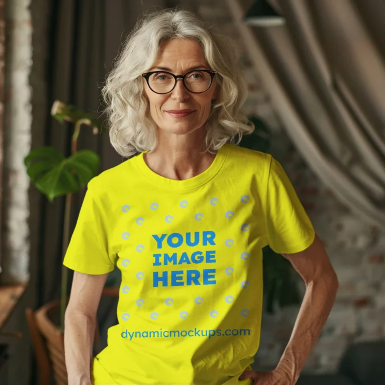 Woman Wearing Yellow T-shirt Mockup Front View Template