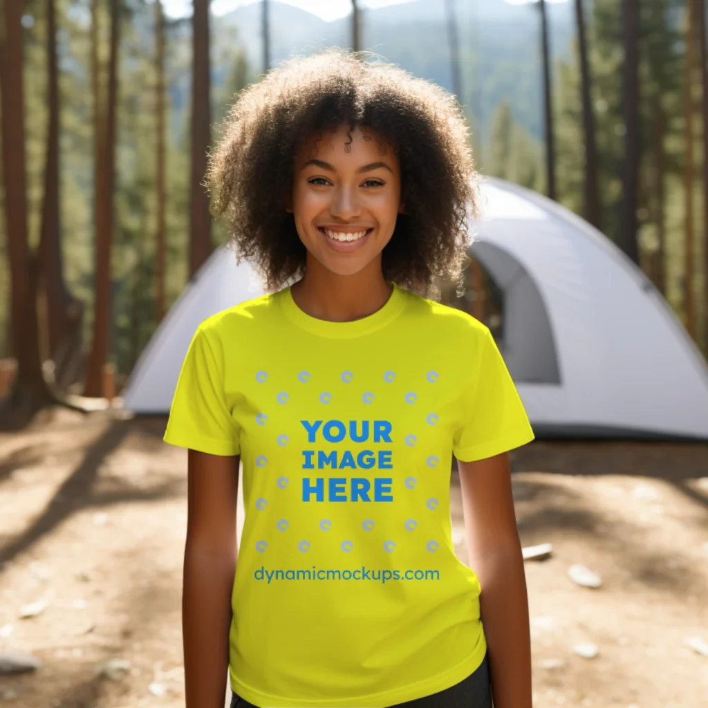 Woman Wearing Yellow T-shirt Mockup Front View Template