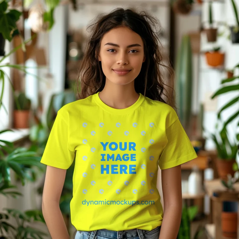 Woman Wearing Yellow T-shirt Mockup Front View Template