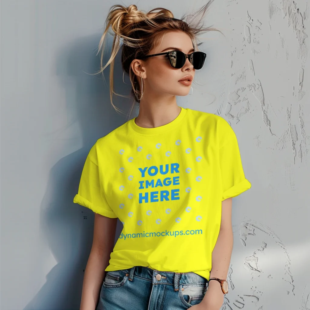 Woman Wearing Yellow T-shirt Mockup Front View Template