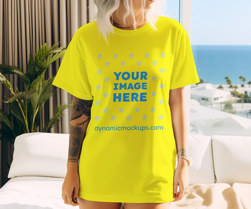 Woman Wearing Yellow T-shirt Mockup Front View Template