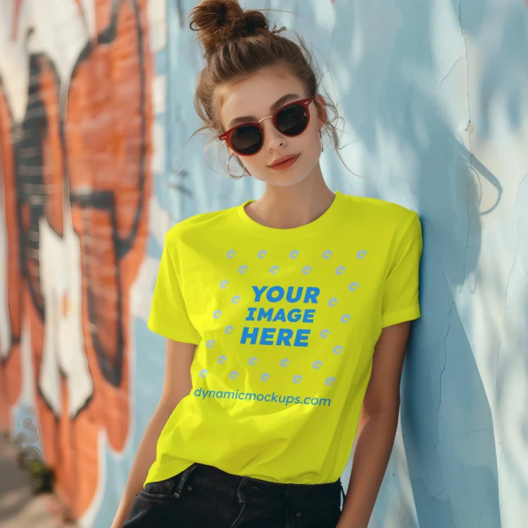 Woman Wearing Yellow T-shirt Mockup Front View Template