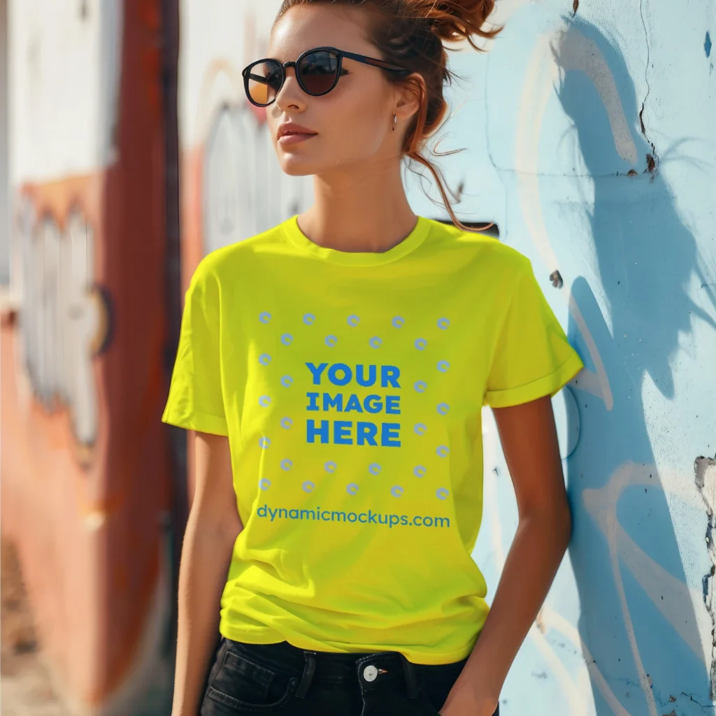 Woman Wearing Yellow T-shirt Mockup Front View Template