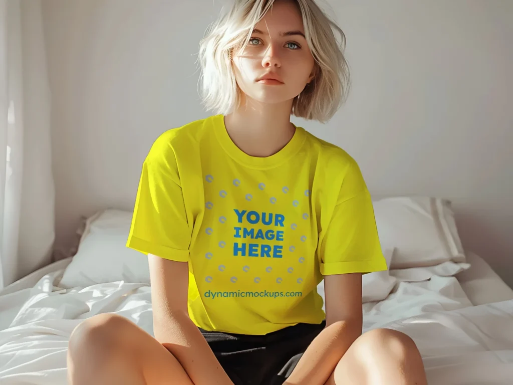 Woman Wearing Yellow T-shirt Mockup Front View Template