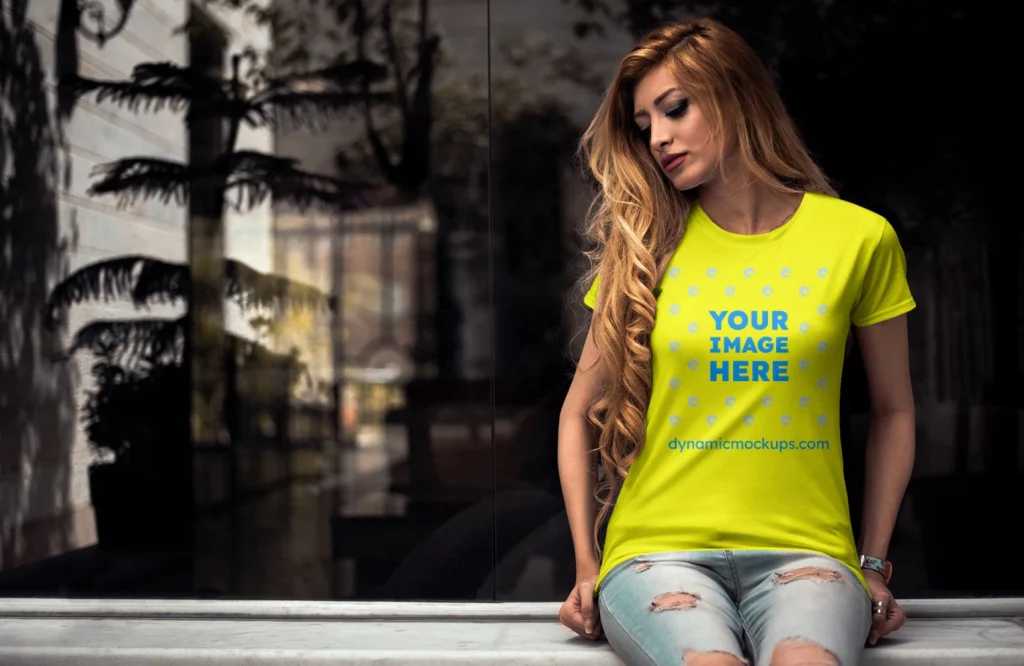 Woman Wearing Yellow T-shirt Mockup Front View Template