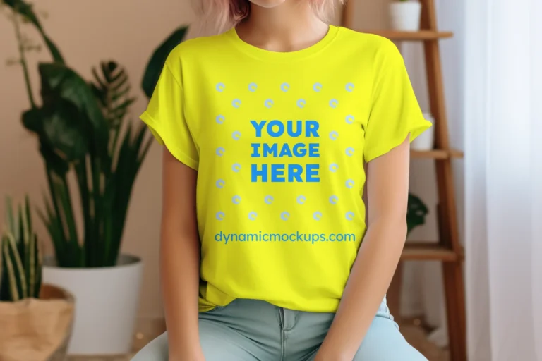 Woman Wearing Yellow T-shirt Mockup Front View Template