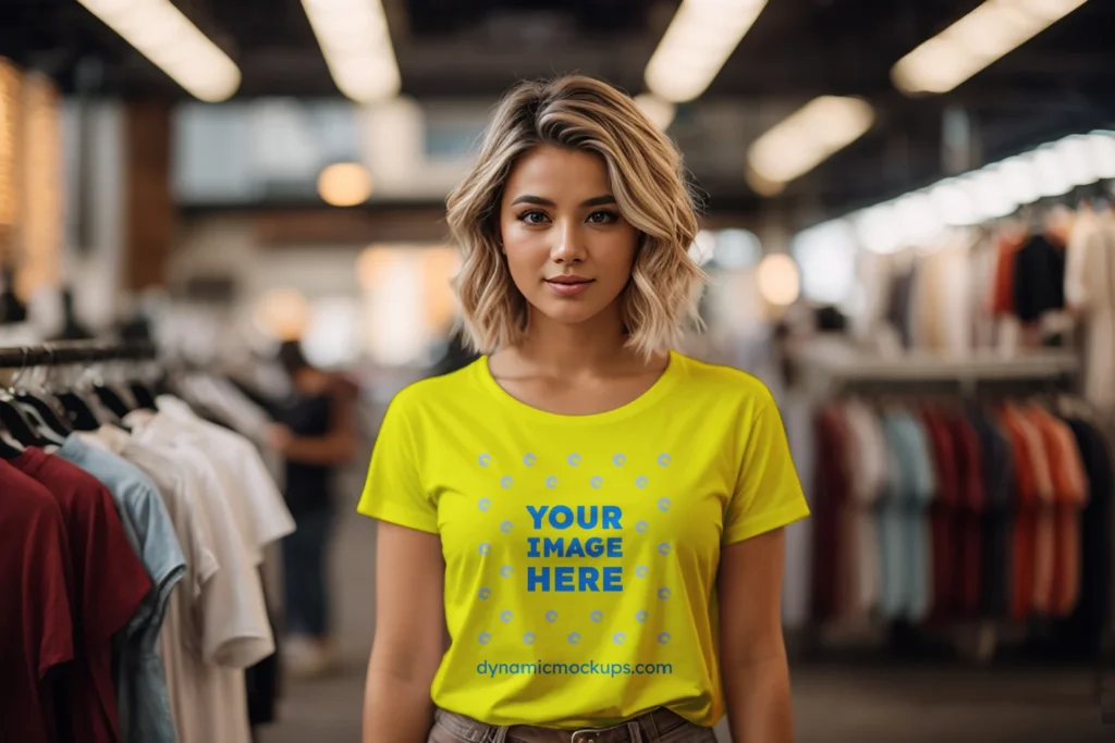 Woman Wearing Yellow T-shirt Mockup Front View Template