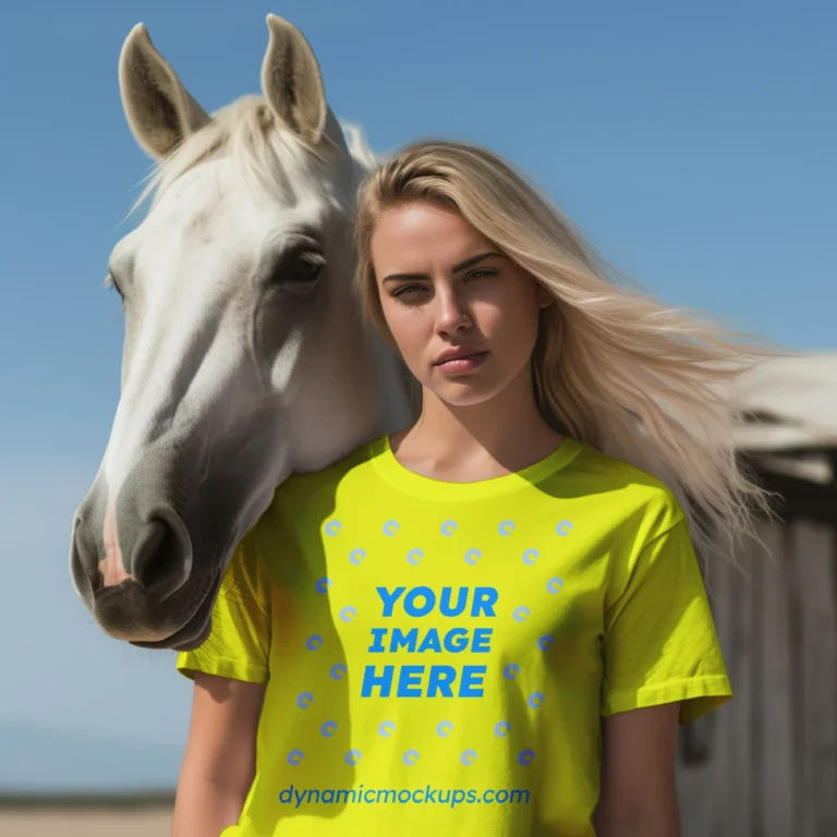 Woman Wearing Yellow T-shirt Mockup Front View Template