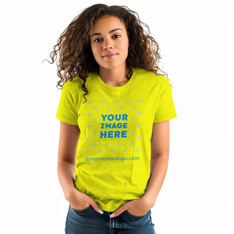 Woman Wearing Yellow T-shirt Mockup Front View Template