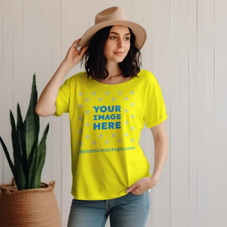 Woman Wearing Yellow T-shirt Mockup Front View Template